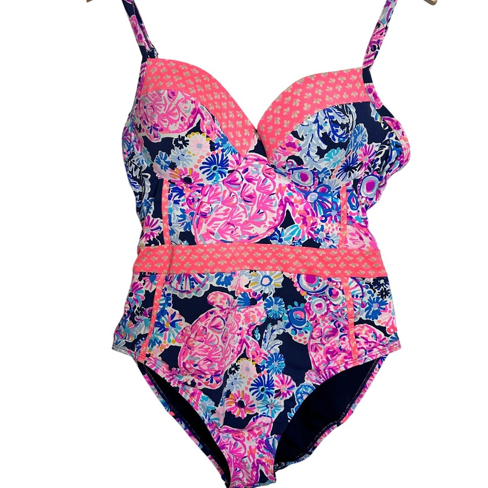 LILLY PULITZER Palma One Piece Swimsuit Turtle Floral Pink Deep Sea Navy Size 12
